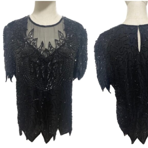 SILK BEADED & SEQUIN TOP W DECORATIVE HEM & SLEEVE EDGING LINED VINTAGE EUC SZ L - Picture 1 of 11